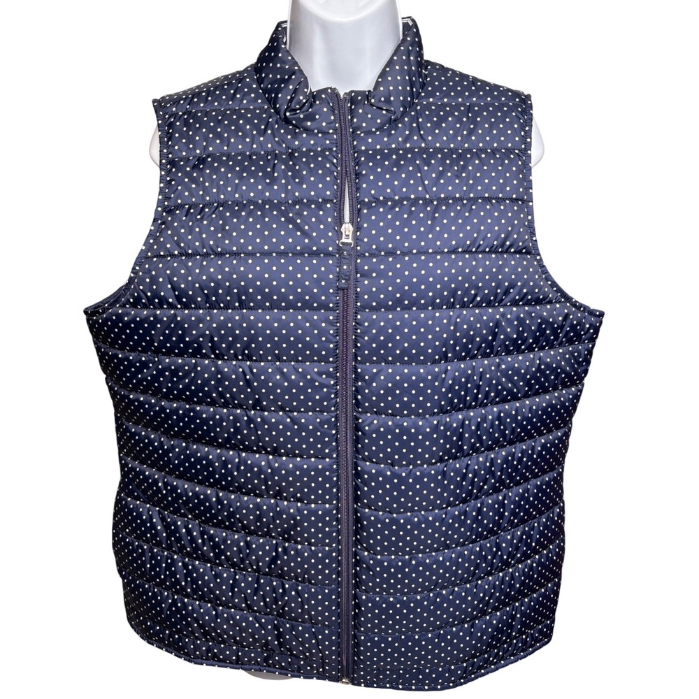 WEEKENDS BY CHICO'S Womens Blue Polka Dot Zip Puffer Vest Sz 2/L Preppy Timeless